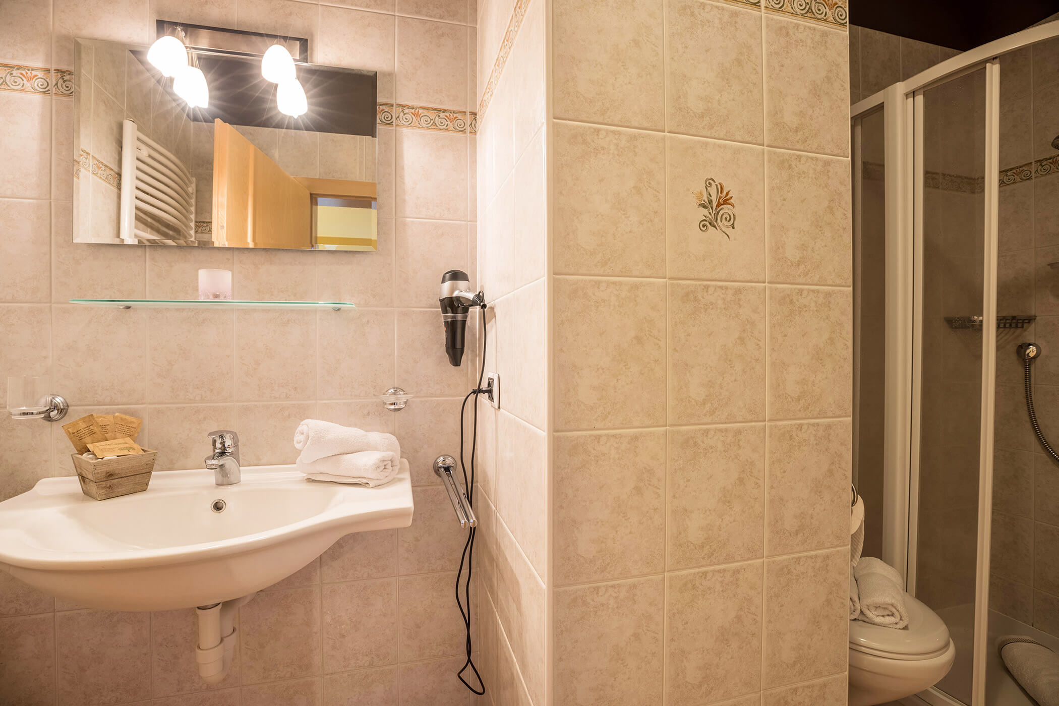 Bathroom in the Plan de Crones apartment with washbasin, mirror, WC and shower - Oberplunerhof