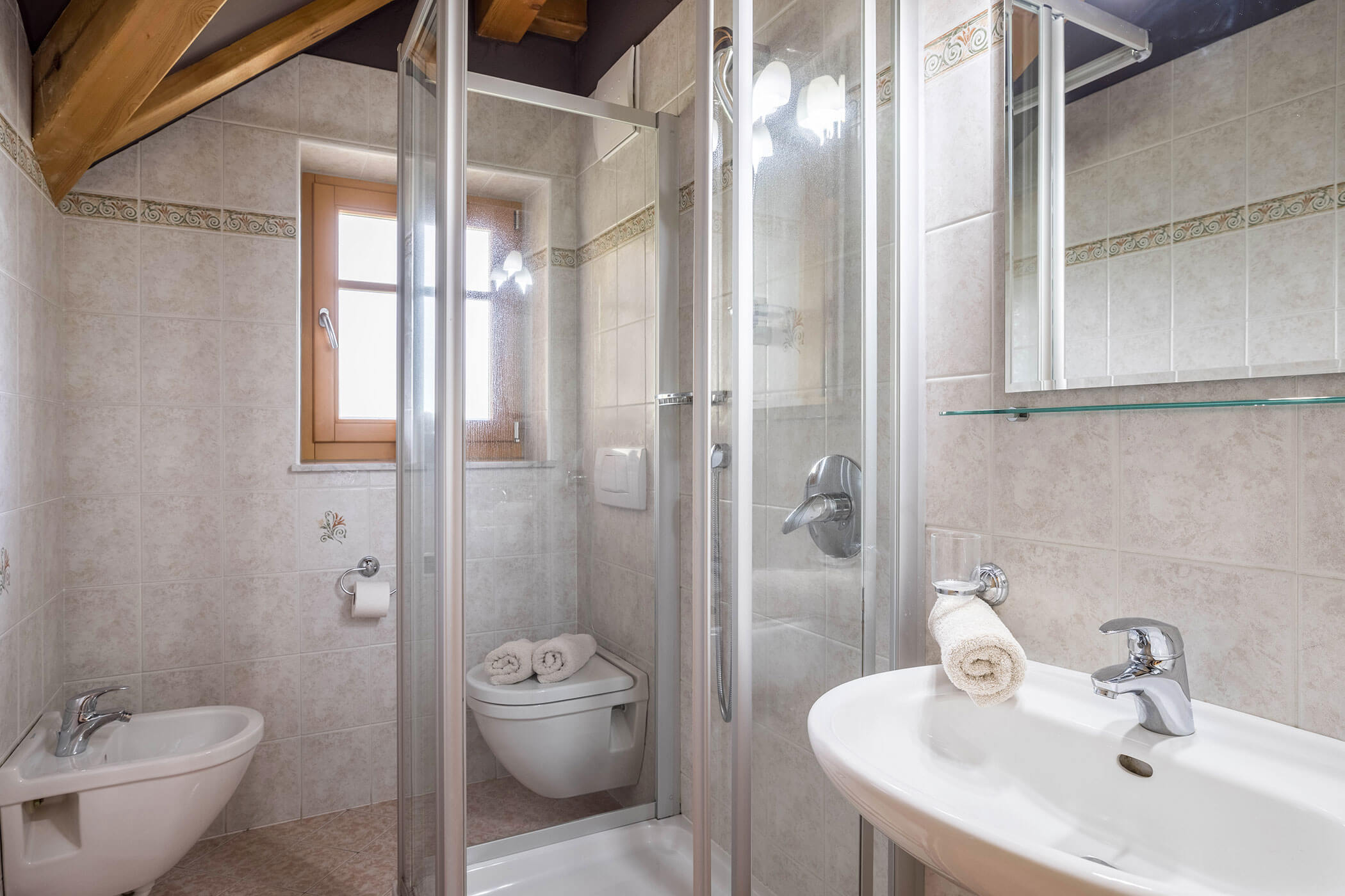 Bathroom in the Gitschberg apartment with shower, washbasin and WC - Oberplunerhof