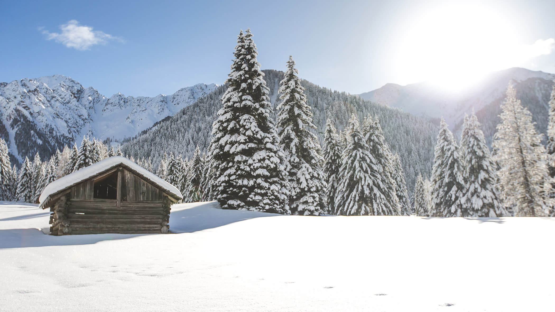 Old hut in the middle of a snowy landscape with mountains and trees - Oberplunerhof